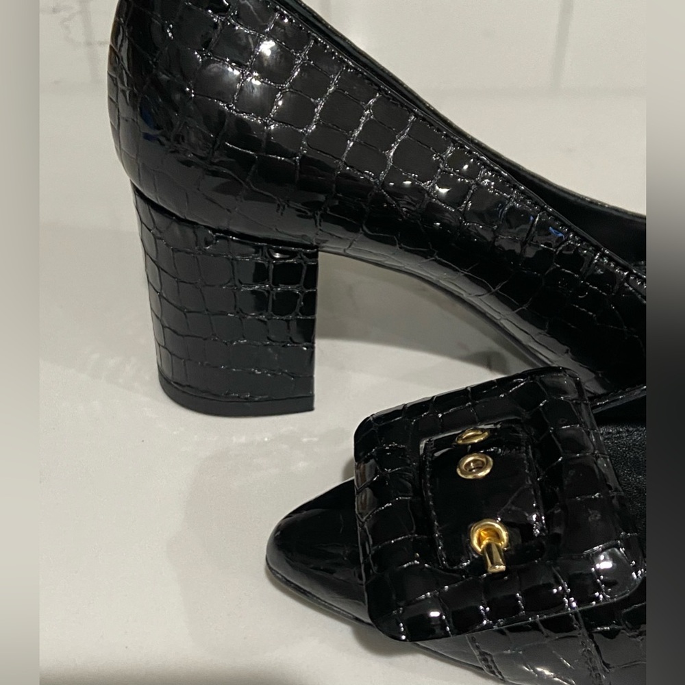 AGL Black Crocodile Print Leather Block Heel Buckle Pumps Women’s Size 35 New - Picture 9 of 15